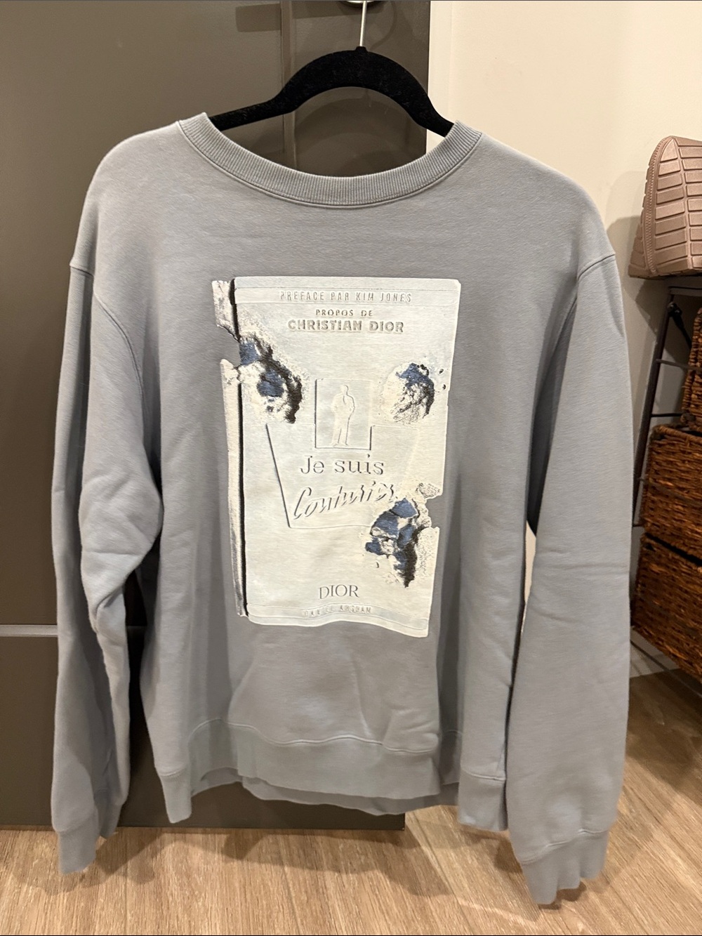 Dior Men's Light Gray Crewneck Sweatshirt with Blue Graphic
